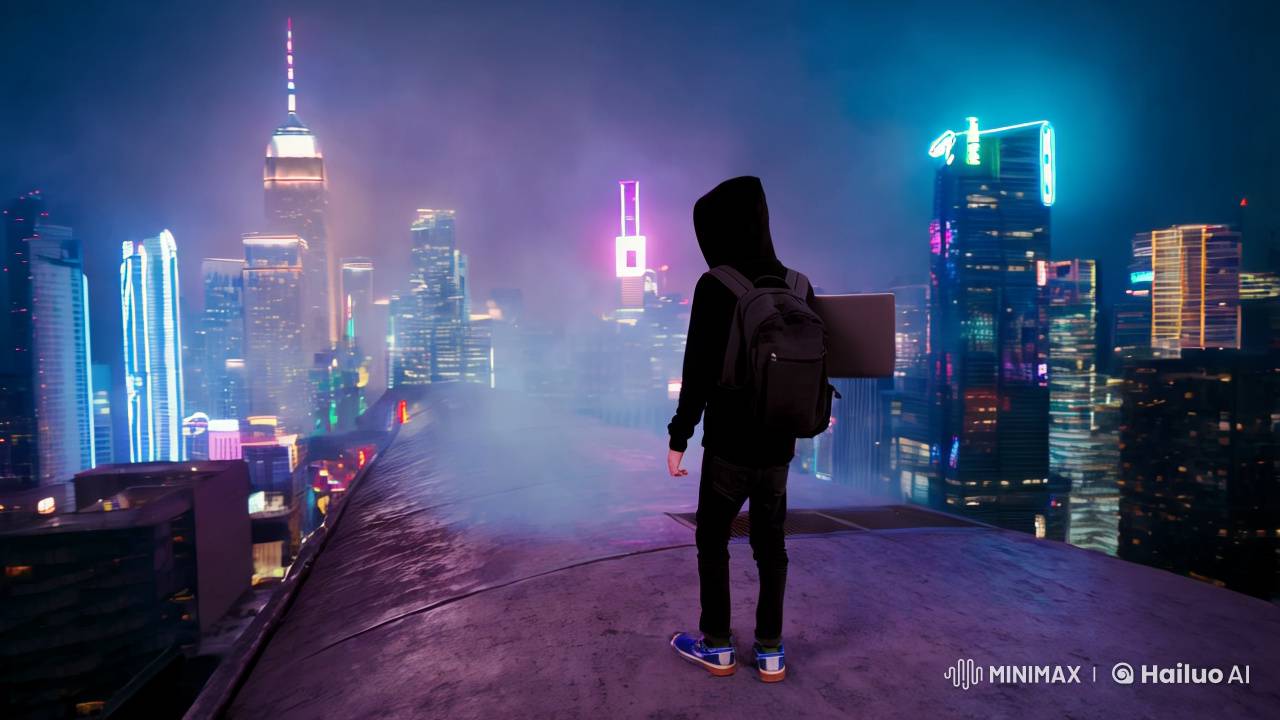 Teenage Hacker Silhouette Against Neon Skyline