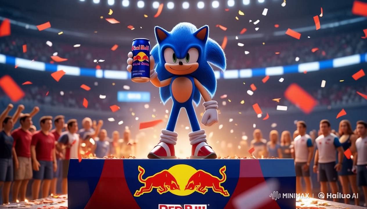 Cinematic Sonic Celebrates with Red Bull on Victory Podium