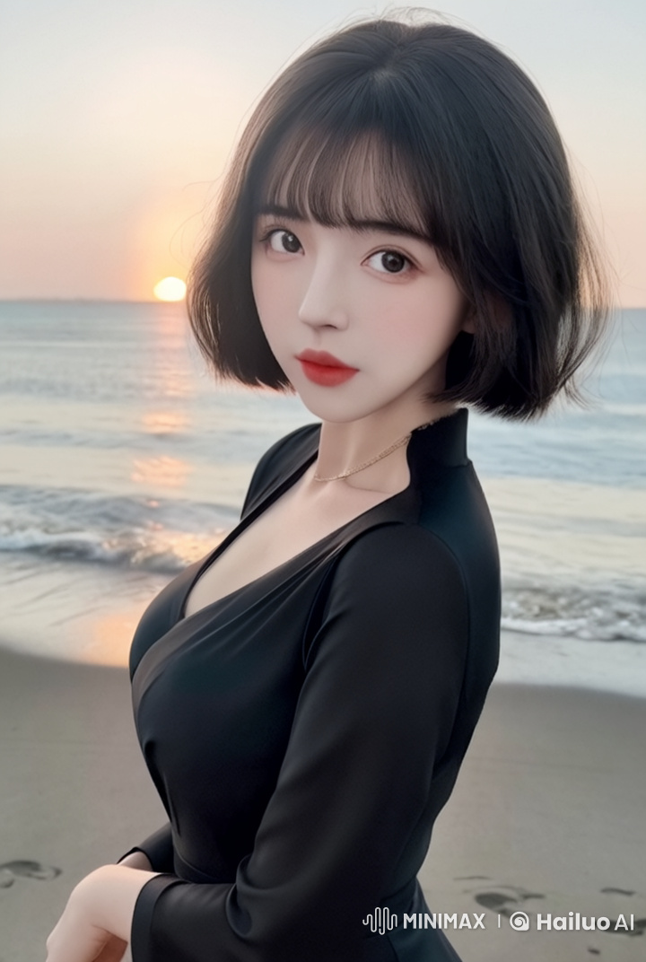 Serene Sunset Stroll: Woman in Black Dress on the Beach