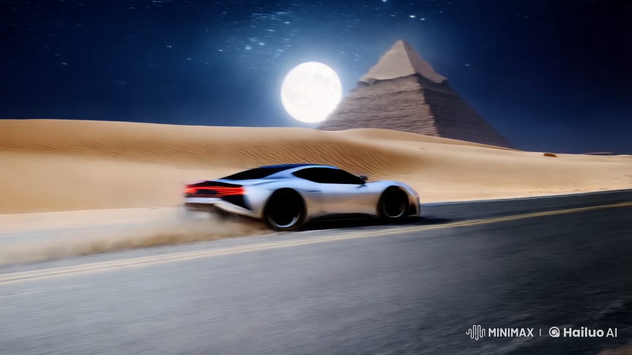 Sleek Sports Car Races Under Moonlit Pyramids