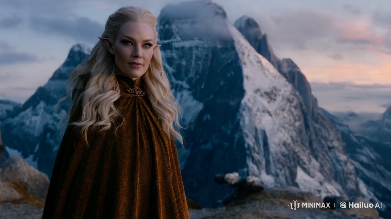 Mystical Fantasy Portrait: Ethereal Woman Amidst Majestic Peaks