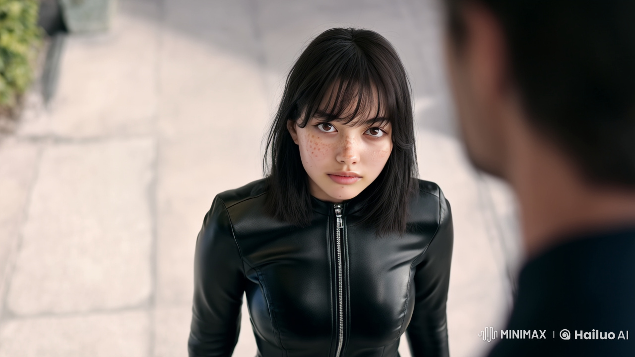 Intense Portrait: Woman in Leather Jacket with Furious Gaze