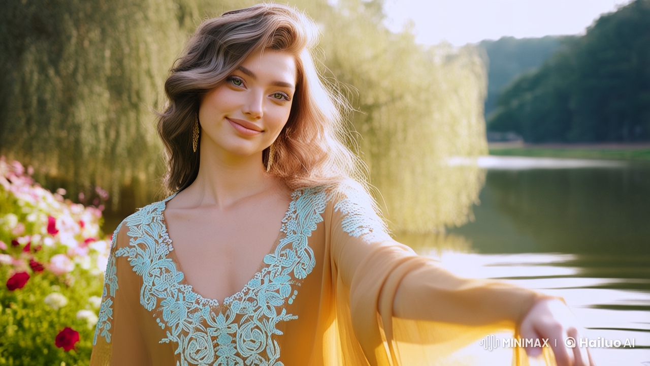 Serene Lake Scene with Gentle Woman in Golden Dress