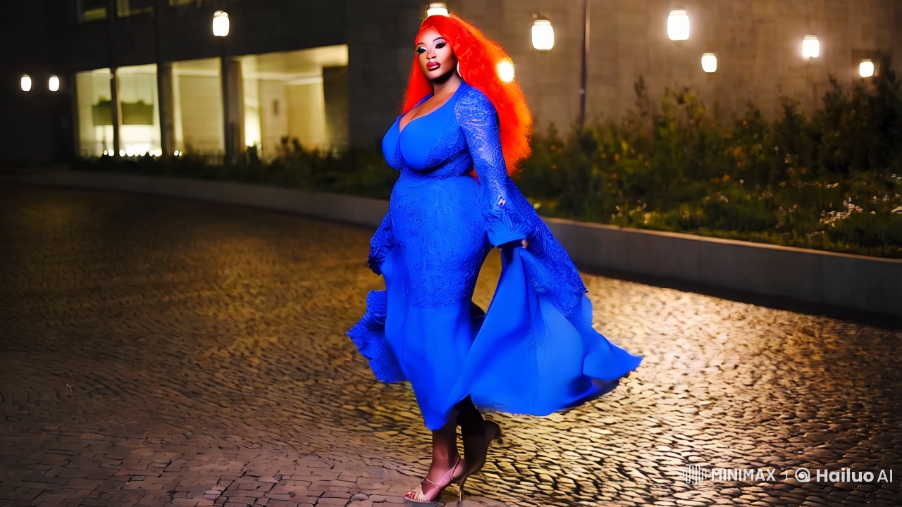 Tall Woman Strides Through Evening City in Vivid Blue Dress