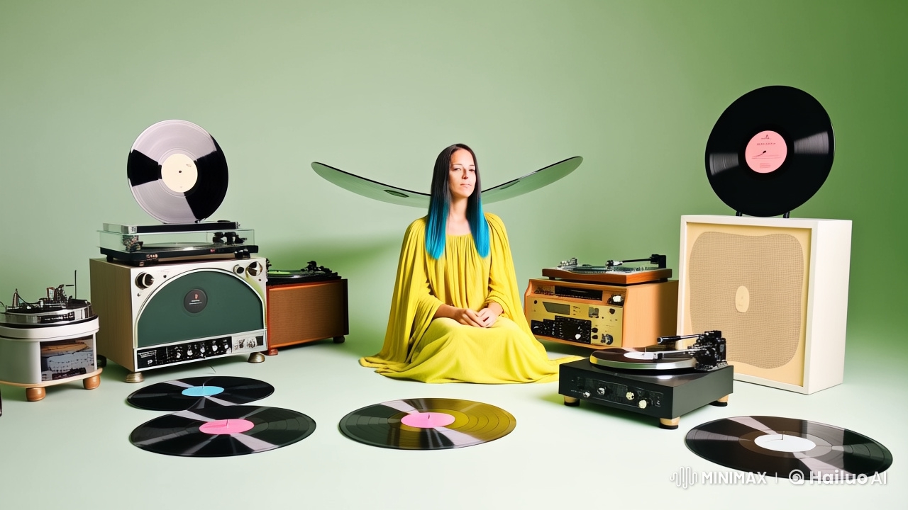 Young Woman in Serene Yellow Dress Amidst Vintage Records
