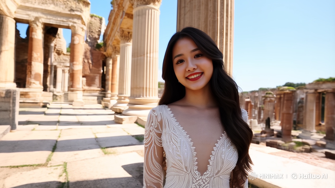 Japanese Woman in White Dress at Roman Ruins