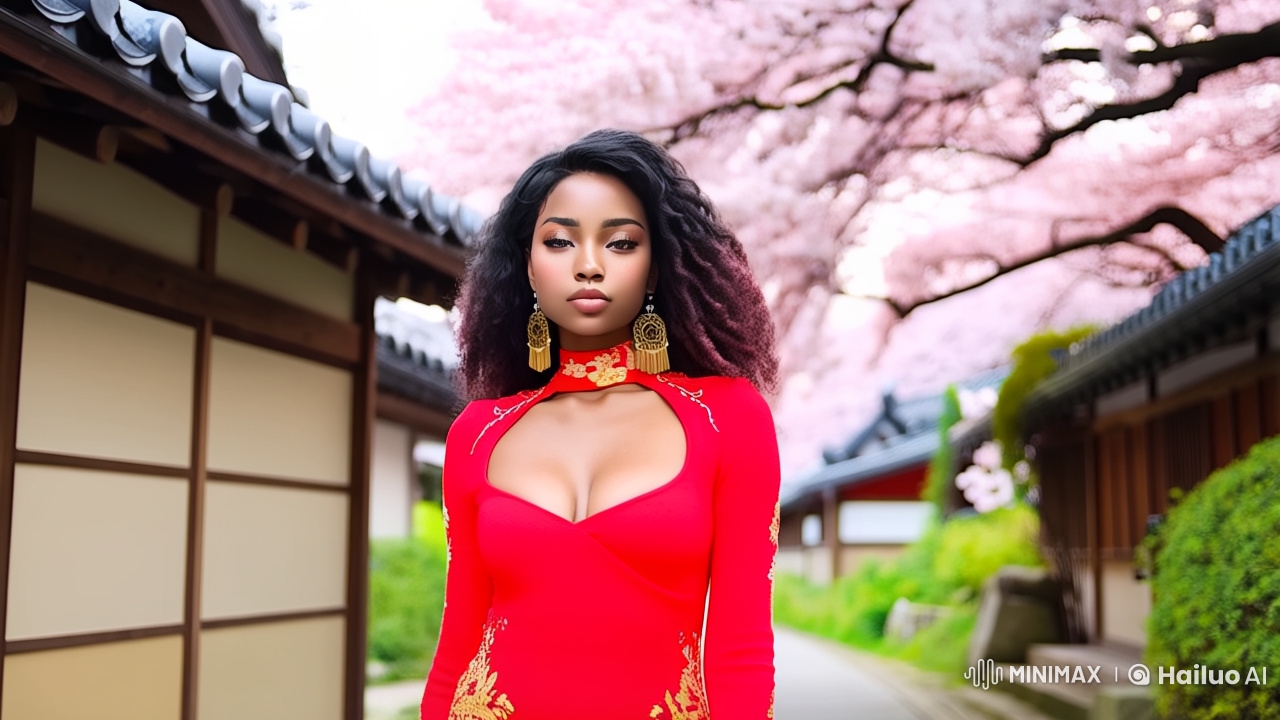 Woman in Red Dress Walks Through Traditional Japanese Street