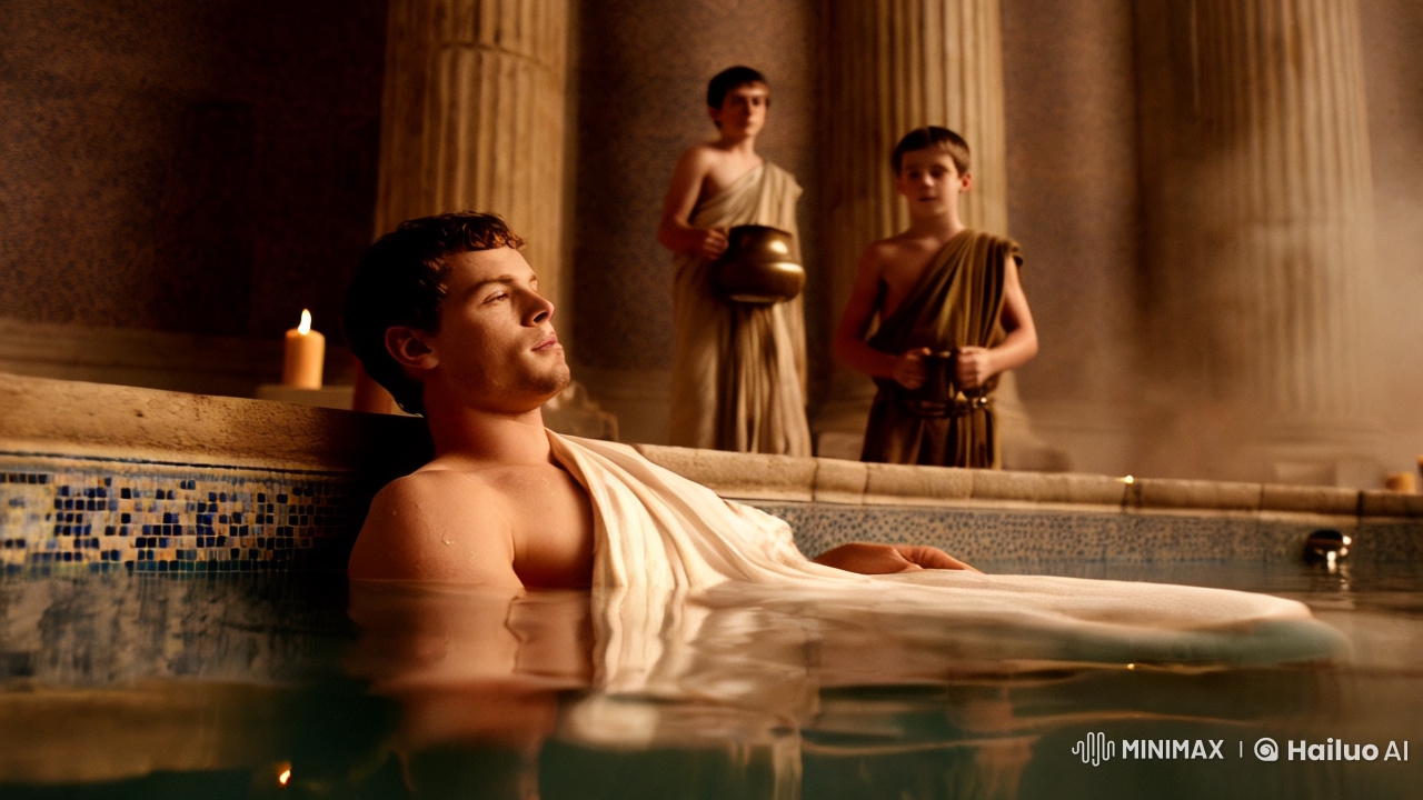 Luxurious Roman Bath Scene with Youthful Bather and Attentive Slave