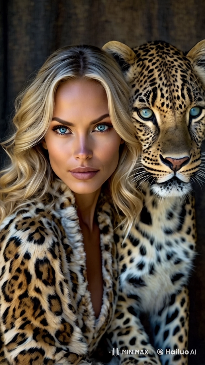 Golden-Haired Woman and Majestic Leopard in Harmonious Beauty