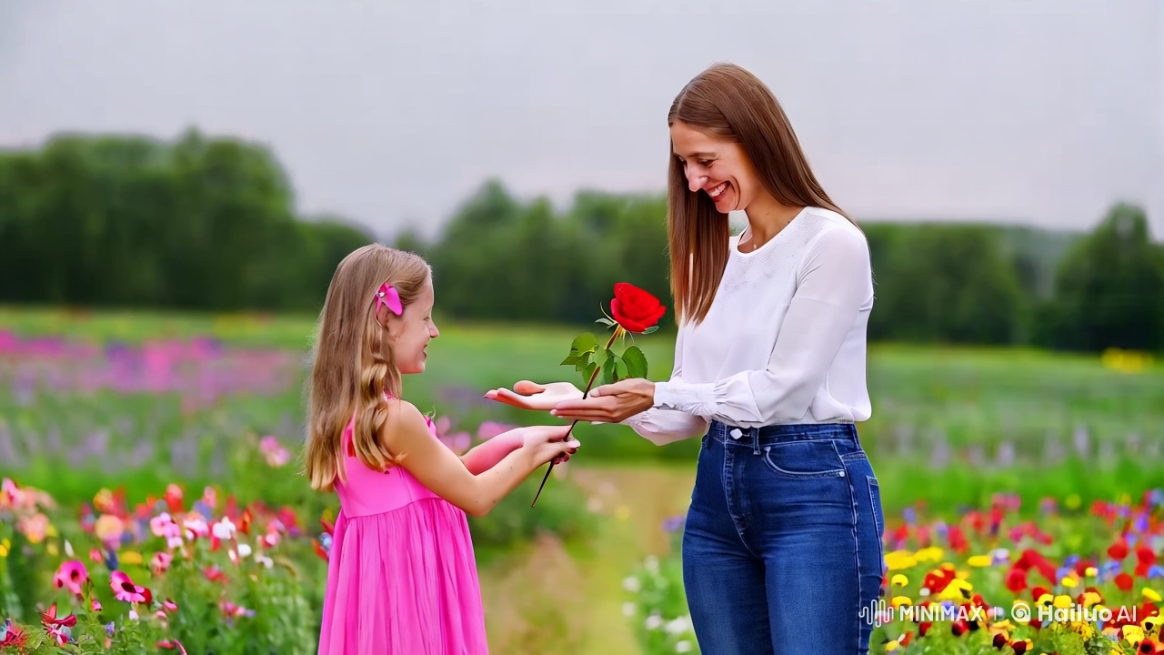 Girl Offers Rose to Smiling Woman in Flower Garden