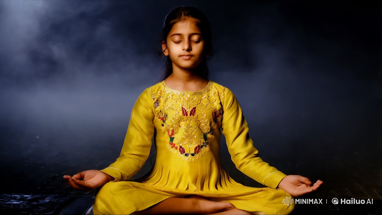 Girl Meditates in Yellow Dress Amidst Dark Mist