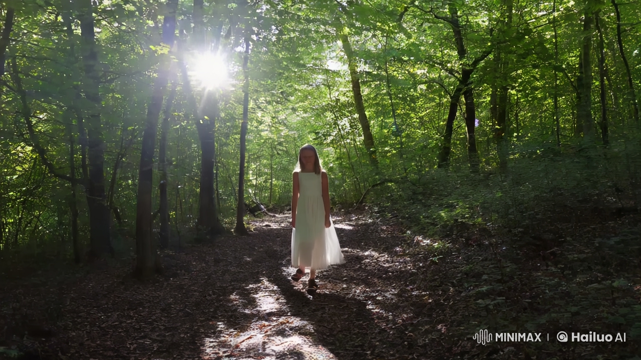 Girl in White Dress Walks Through Sunlit Forest