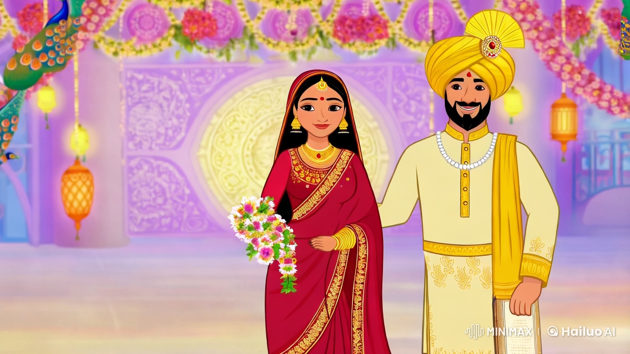 Animated Wedding Scene: Bride & Groom with Traditional Indian Decor