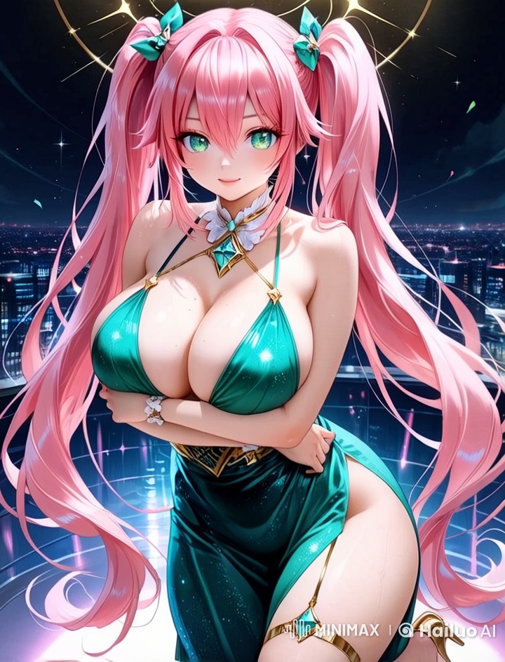 Pink-haired girl performs gracefully in cityscape with dynamic hair and dress.