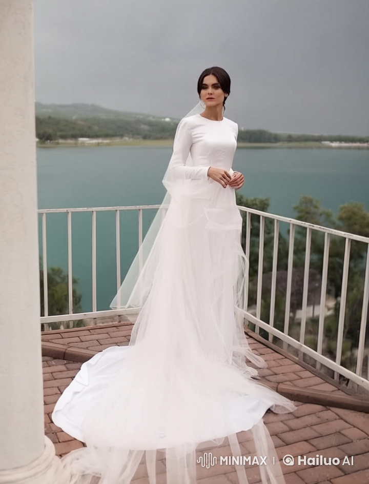 Serene Woman in Gown on Balcony Overlooking Lake