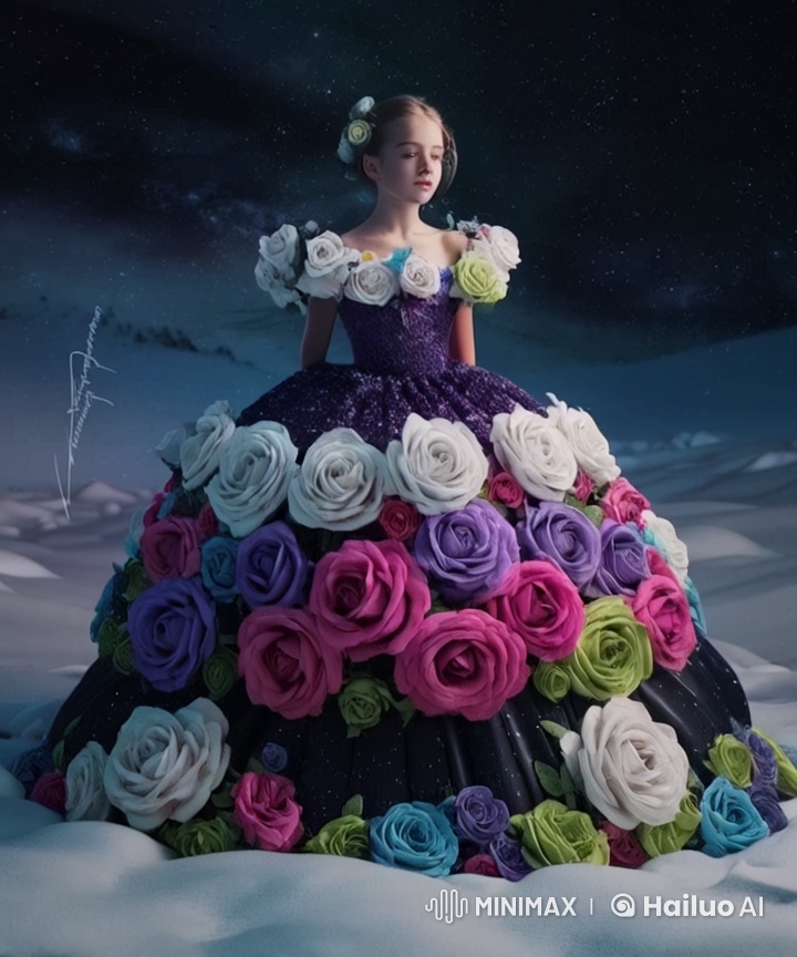 Enchanted Hyperrealistic Girl in a Starlit Rose Dress