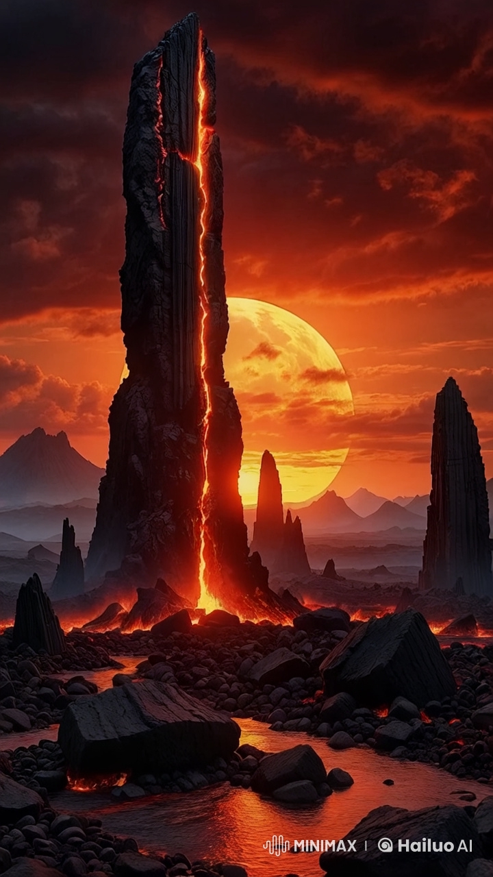 Volcanic Obelisk in Fiery Alien Landscape