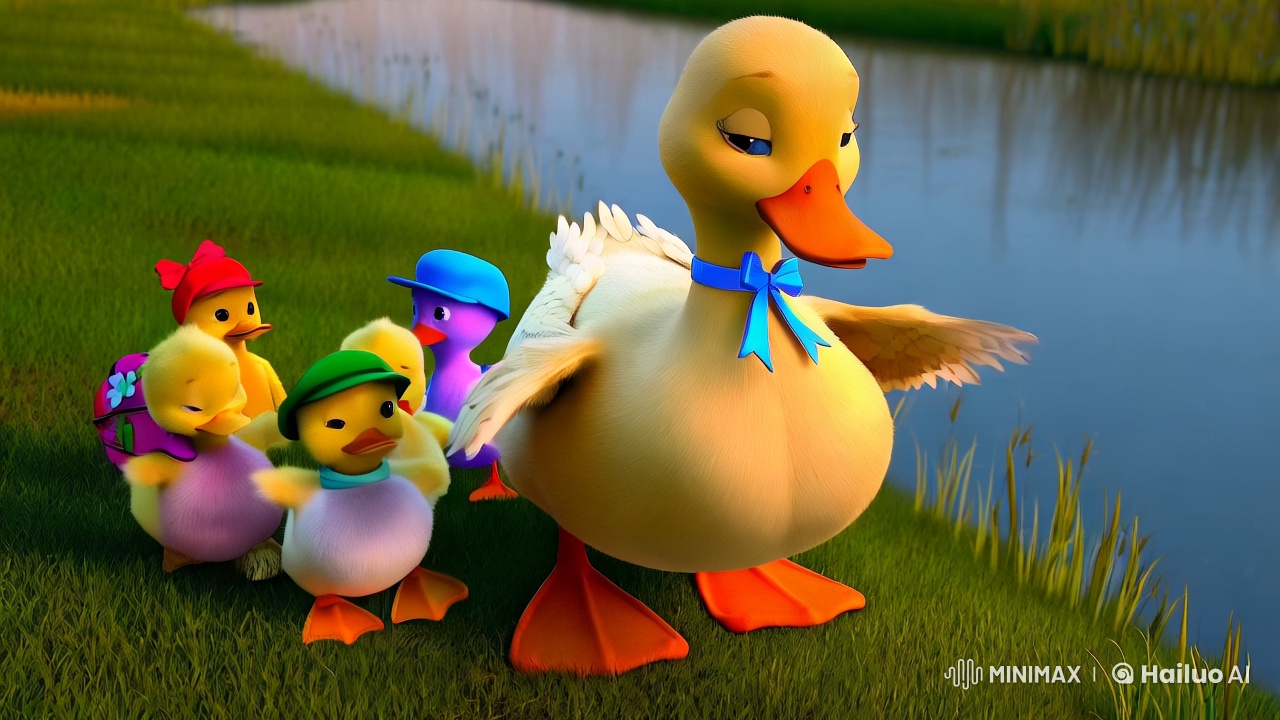 Family Harmony: Ducklings and Their Decorated Mother