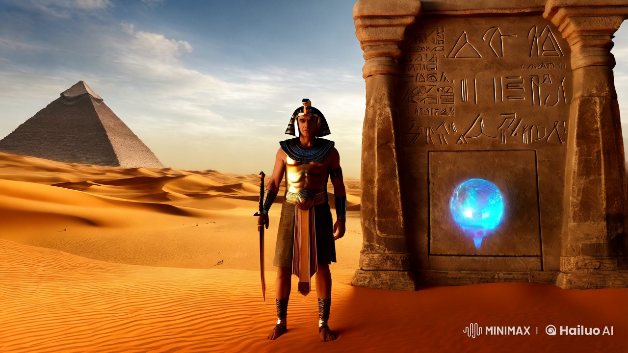 Egyptian Warrior Enters Mystical Gateway in Surreal Landscape