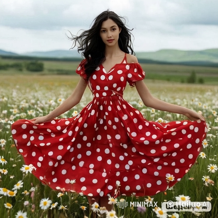 Girl in Polka-Dot Dress Models in Daisy Field