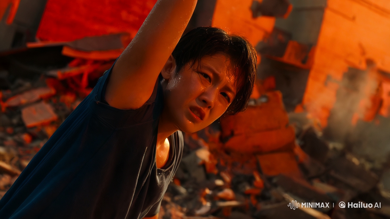 Exhausted Character Amidst Ruins, Focused Close-Up