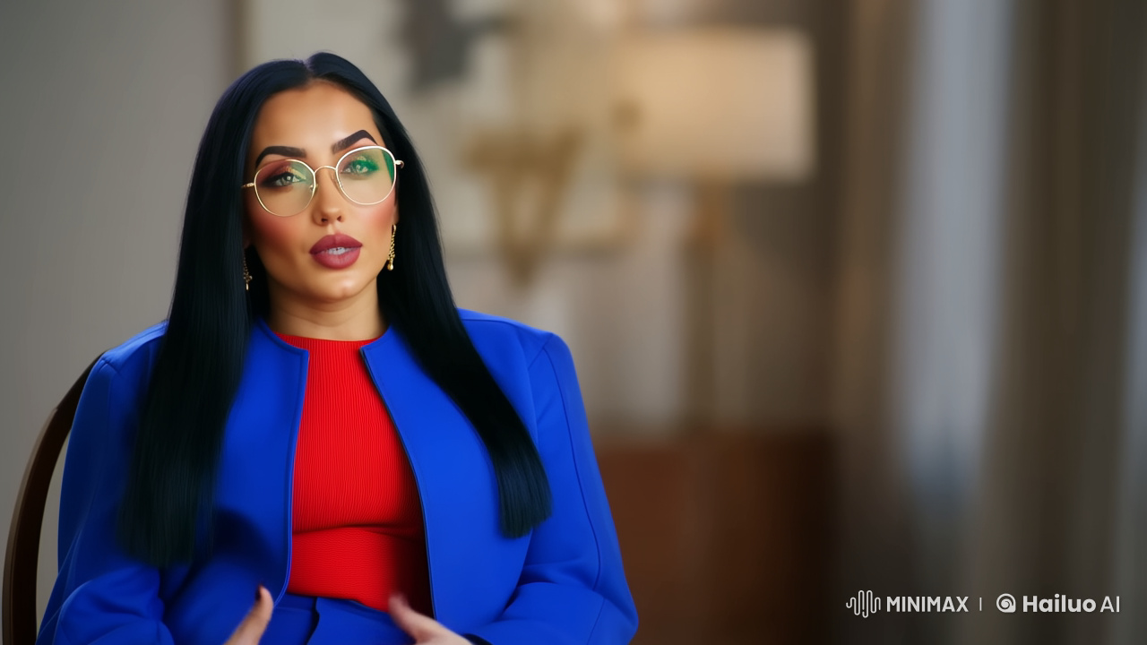 Elegant Woman in Blue Jacket and Red Dress - Poised and Confident