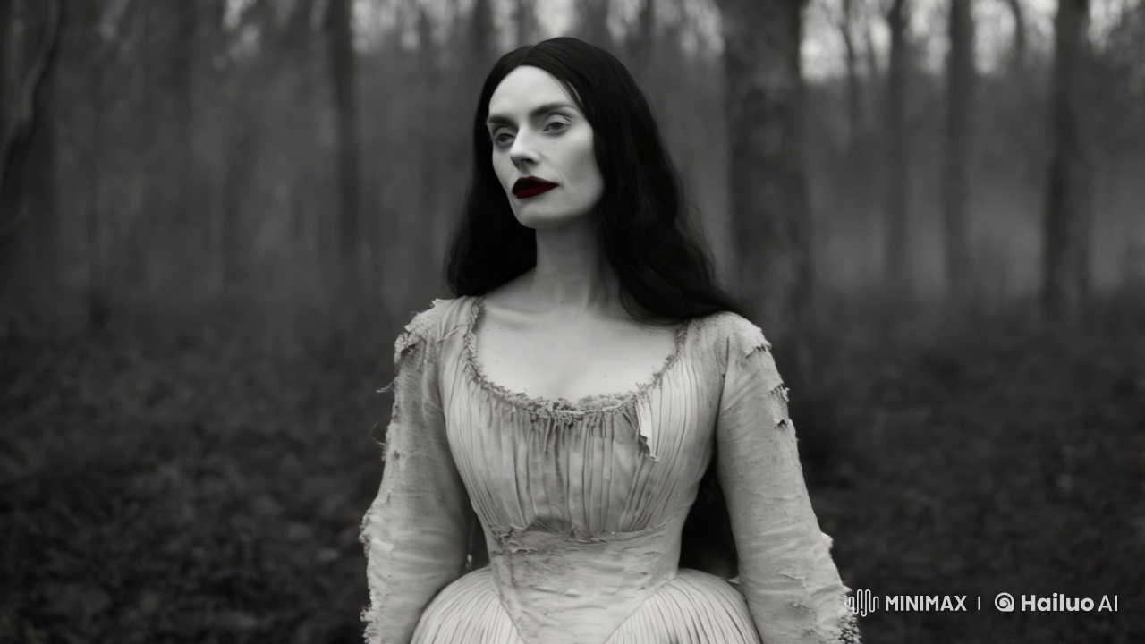 Pale Woman in White Dress Amidst Dead Trees