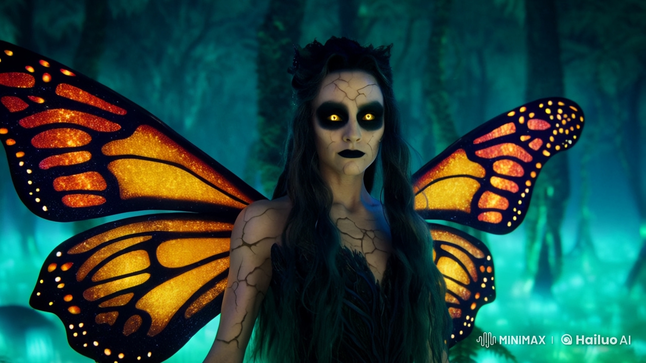 Mysterious Fairy Enchants in Bioluminescent Forest Scene