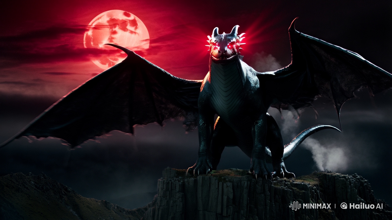 Majestic Black Dragon on a Stormy Mountain Under a Red Moon