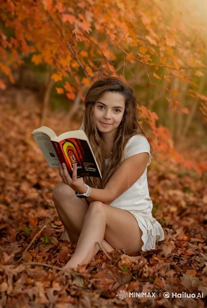 Autumn Reading: Girl in White Dress Amidst Falling Leaves