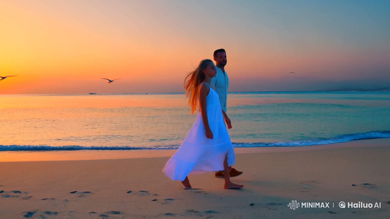 Romantic Sunset: Girl in Sundress, Admiring Man, 8k Beach Scene