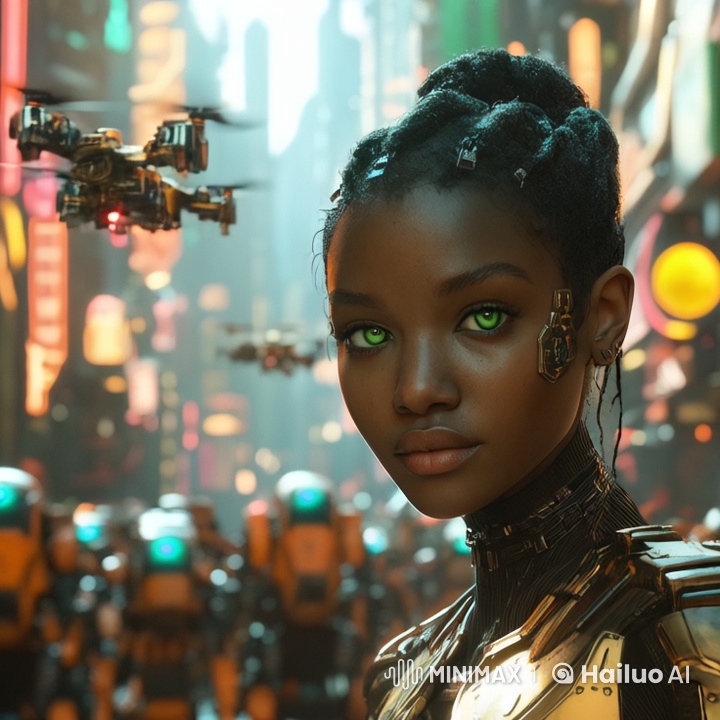 Futuristic Metropolis: Woman with Green Eyes in Steampunk Drone Scene