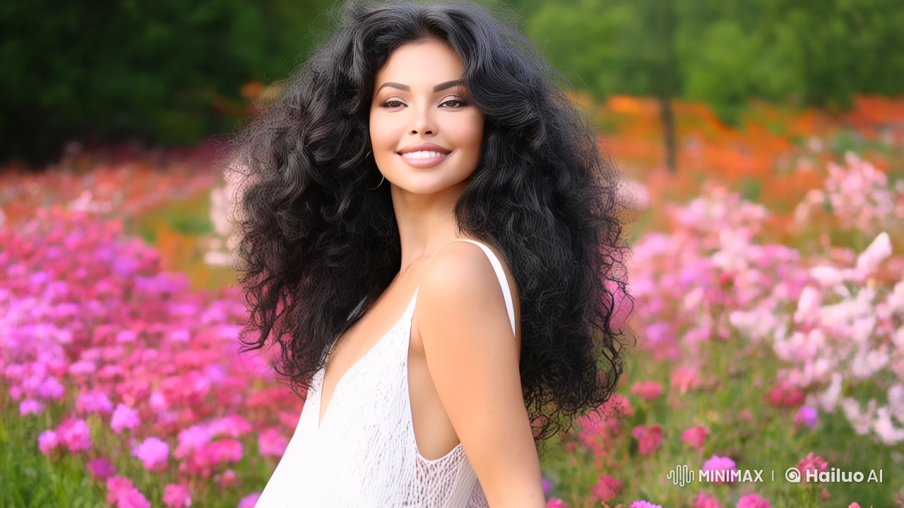 Graceful Woman in Floral Field with Radiant Beauty