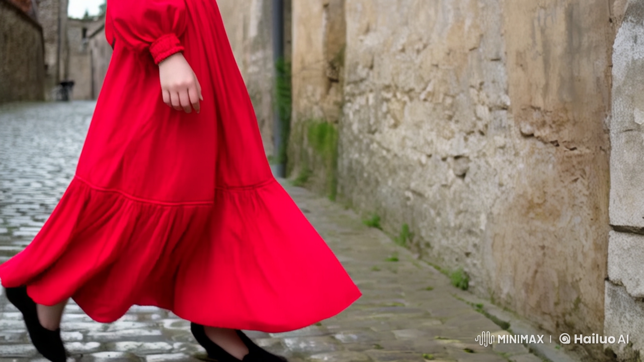 Graceful Kazakh Girl in Red Dress Walks Through Ancient Alley