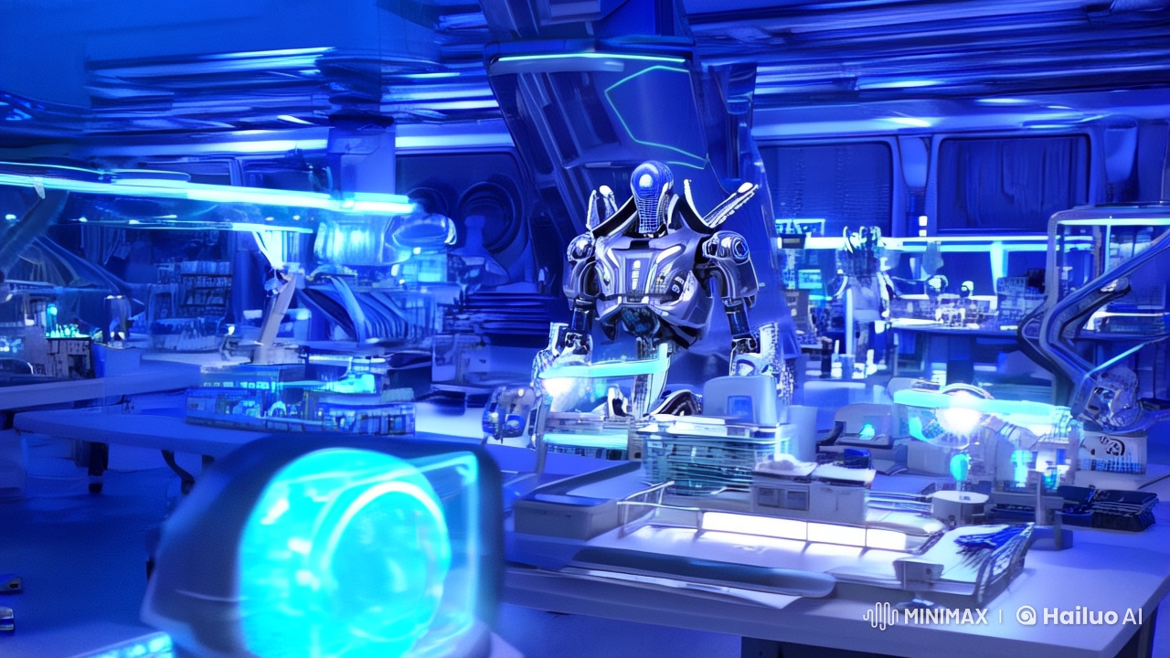 Robotic Girl's Awakening in Futuristic Lab