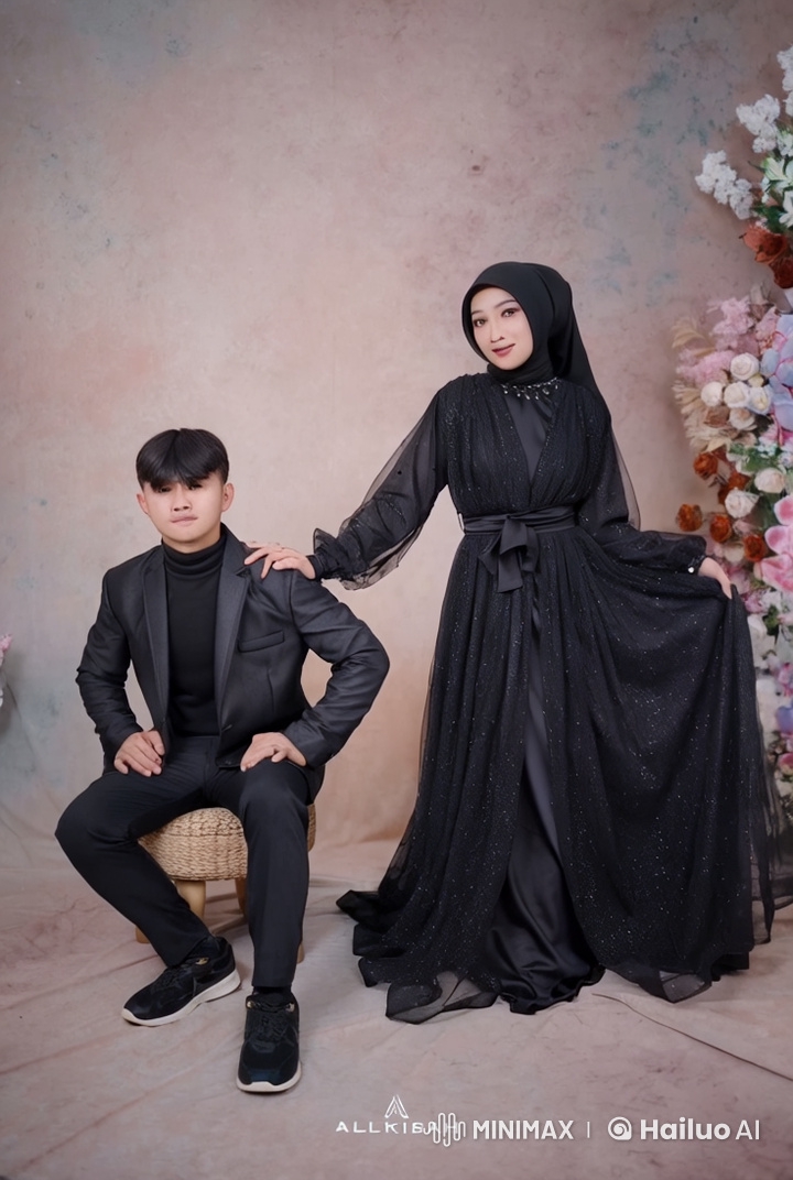 Elegant Setting: Black Suit Man & Gown Woman's Martial Arts Display