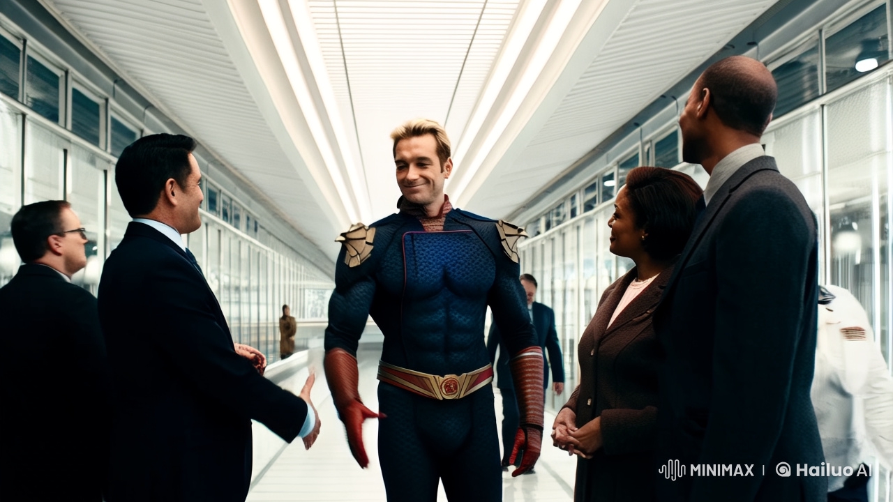 Superhero's Dual Nature Revealed in Futuristic Hallway
