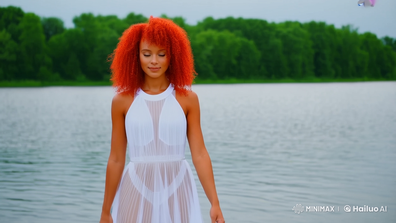 Young Woman in White Gown by Lake with Red Hair