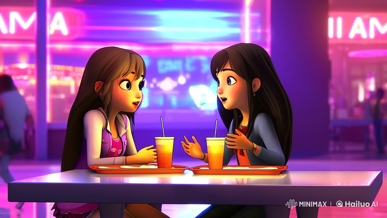 Teenage Girls Engage in Animated Conversation at Food Court