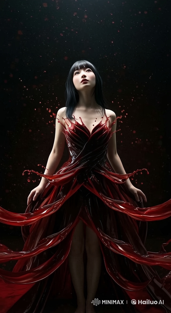 Woman in Ethereal Liquid Dress in Mystical Setting