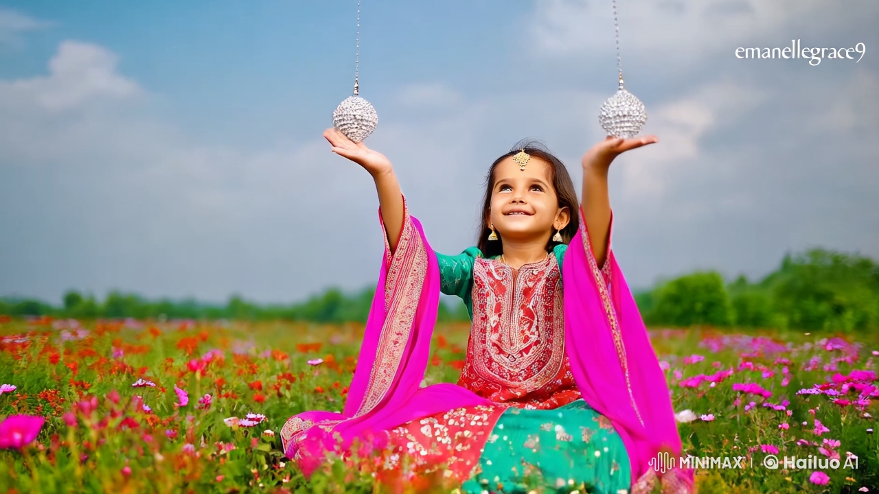Girl in Arabic Dress Amidst Gem Rain in Nature