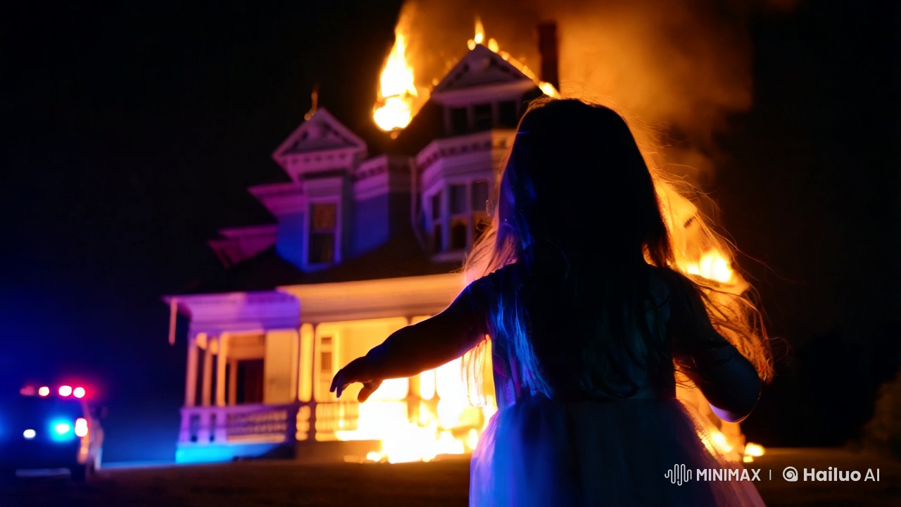 Tragic Beauty: Girl Silhouetted Against Burning Victorian House