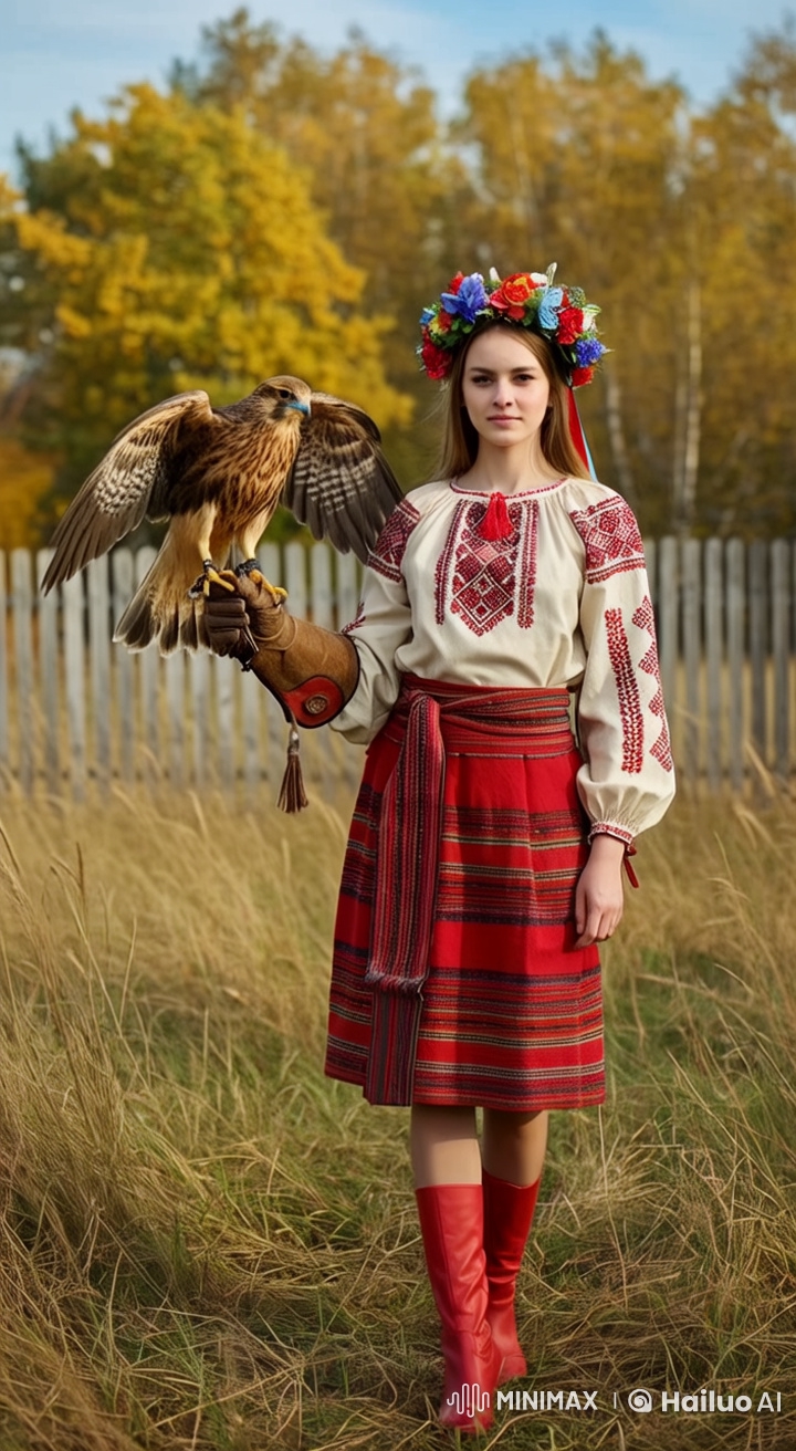 Traditional Beauty with Falcon in Autumn Field Cinematic Masterpiece