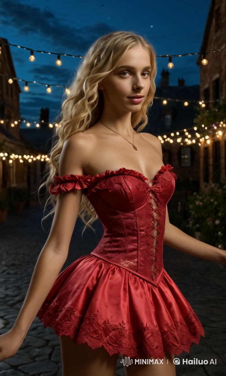 Woman in Red Dress Turns on Cobblestone Street