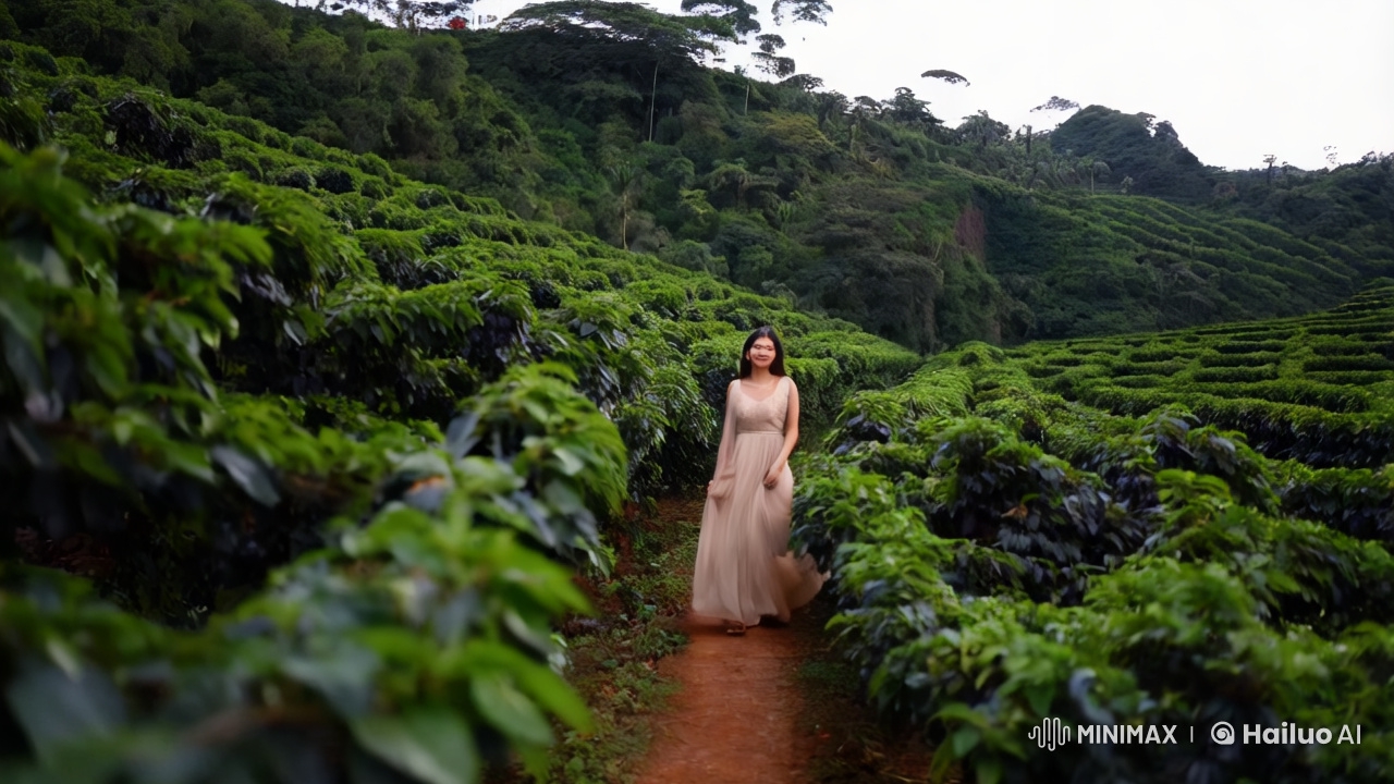 Young Woman in Elegant Dress Wander Through Coffee Plantation