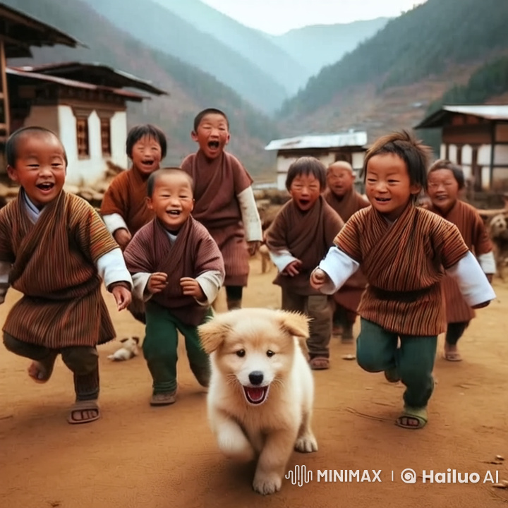 Mountain Village: Children and Puppy's Joyful Chase