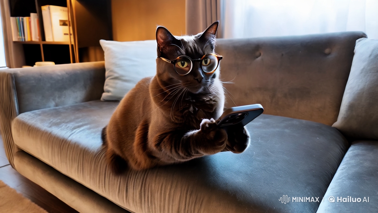 British Shorthair Cat Engages with Smartphone in Cozy Living Room
