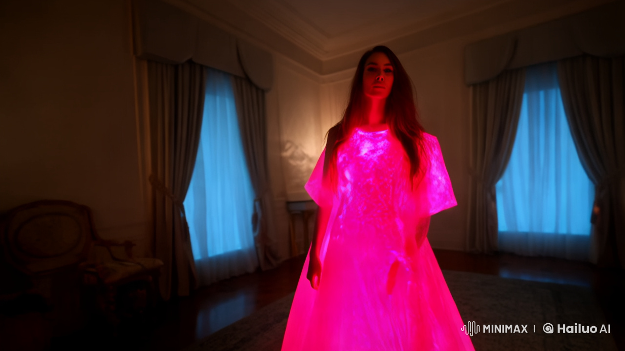 Elegant Woman in Bioluminescent Dress: 4K Cinematic View