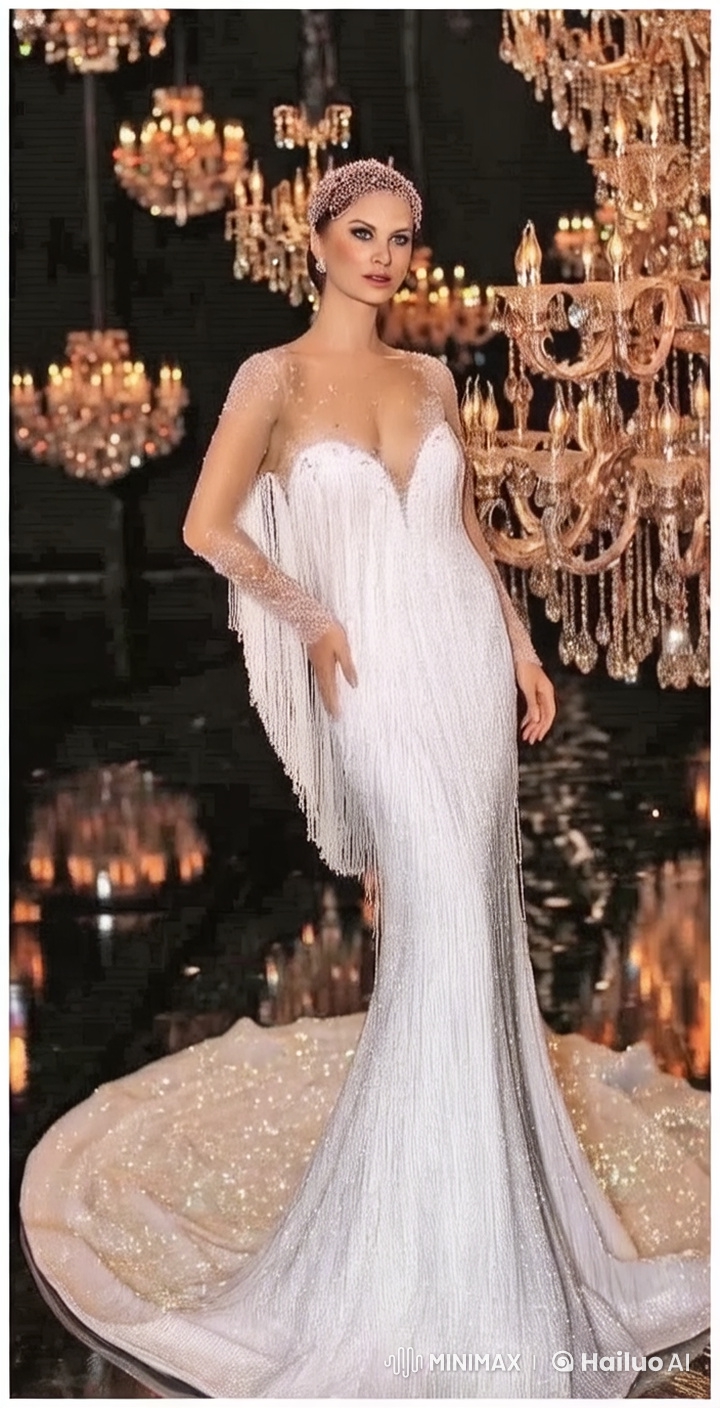 Glamorous Woman in Sparkling Gown with Chandelier Backdrop