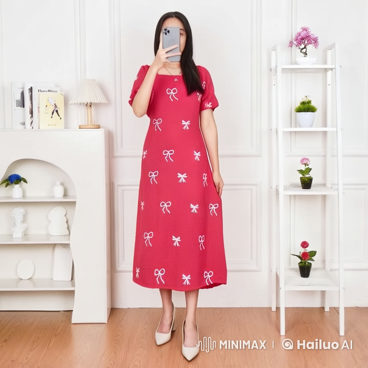 Woman in Red Dress Showcases Elegant Room in Live2D Animation
